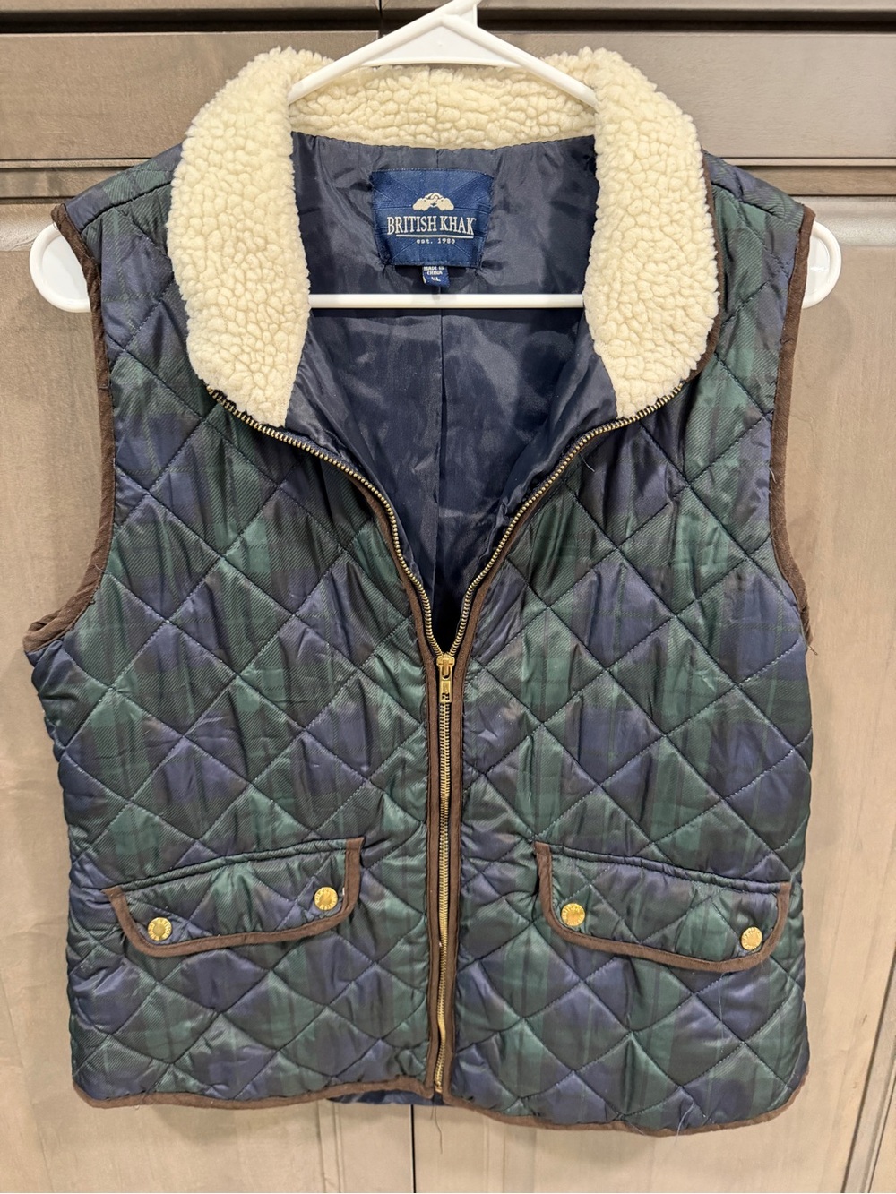 British Khaki Quilted Sherpa-Lined Vest in Green and Blue Plaid